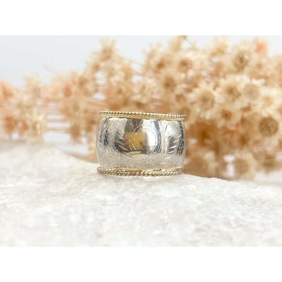 Thai Made Two Toned Floral Hand Carved 925 Sterling Silver Vintage Ring - sz 7.5 - Picture 12 of 13